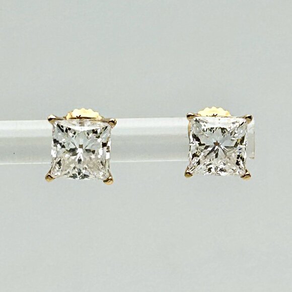 Certified 3 CTW Princess Cut Lab Created Diamond Studs 14K Solid Gold - Picture 2 of 9